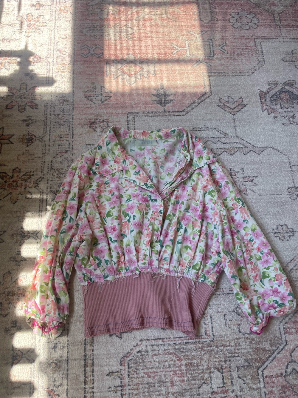 Upcycled Floral Button-Up Coquette Pink Blouse Romantic Cottage Womens S